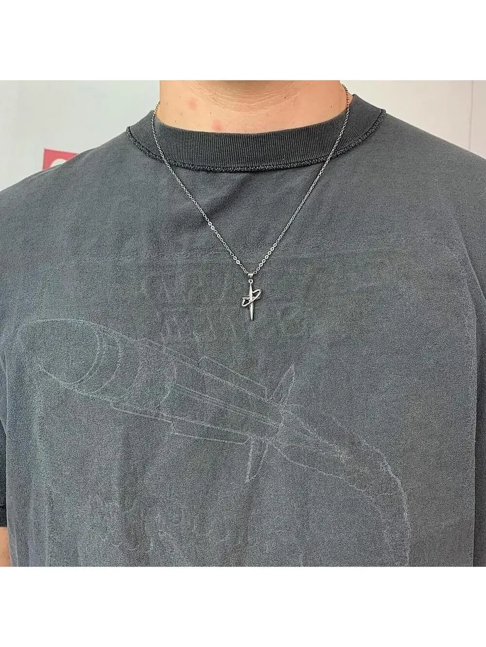 Cyber Y2k silver star ring style necklace. Cool design. Chain is unisex. 23.5
